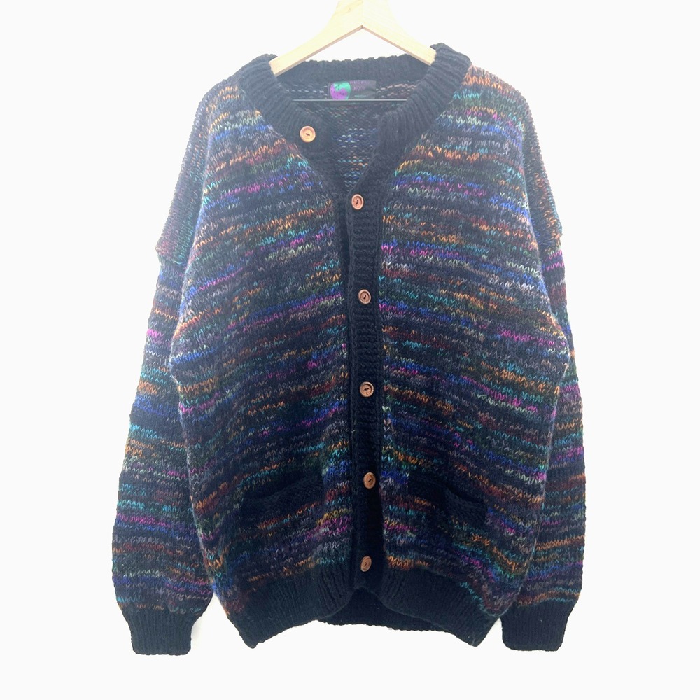 Vintage Purple Moon Wool Sweater Cardigan Women XL Space Dye Rainbow THICK!
